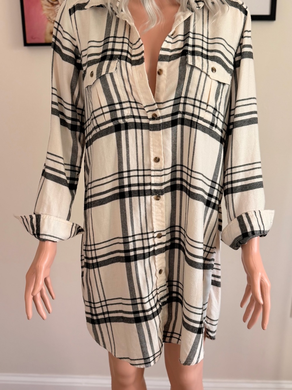 NWT American Eagle Outfitters Ivory and Black Plaid Button-Down Shirt Dress